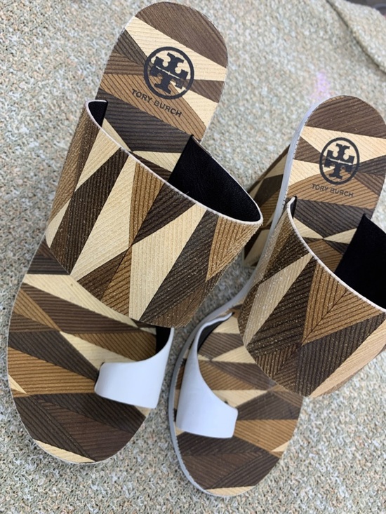 Tory Burch Shoes - Tory Burch Brown and White Geometric Slide Sandals